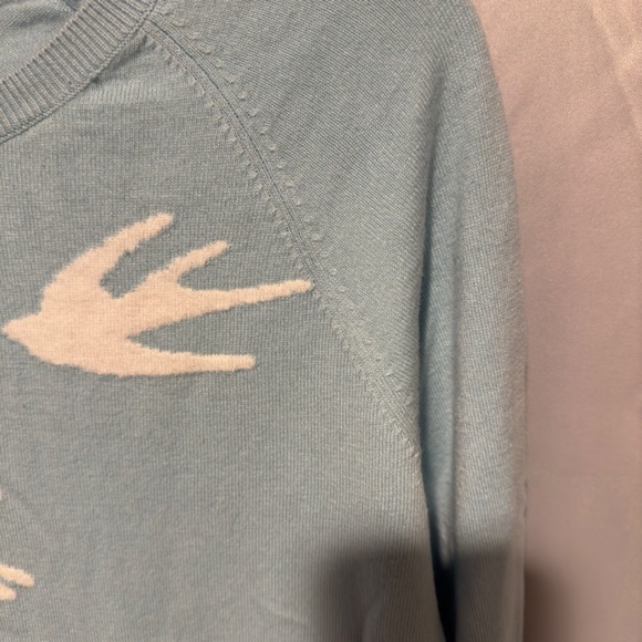 Womens Light Blue Crew Neck Sweater Fine Knit Cotton White Birds Size M 2/$40 - Picture 2 of 4